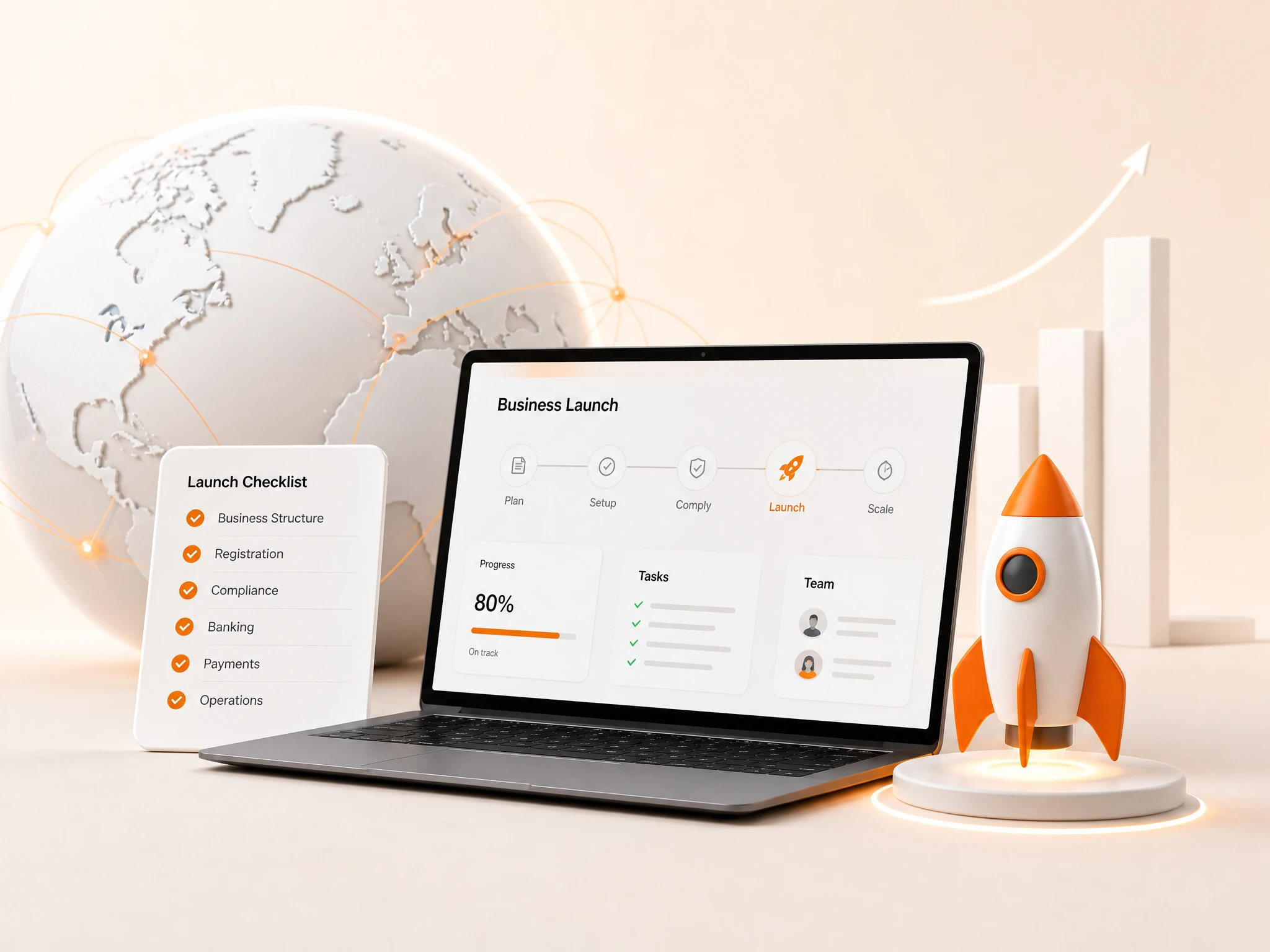 Business launch dashboard on laptop with startup checklist global network and rocket growth concept