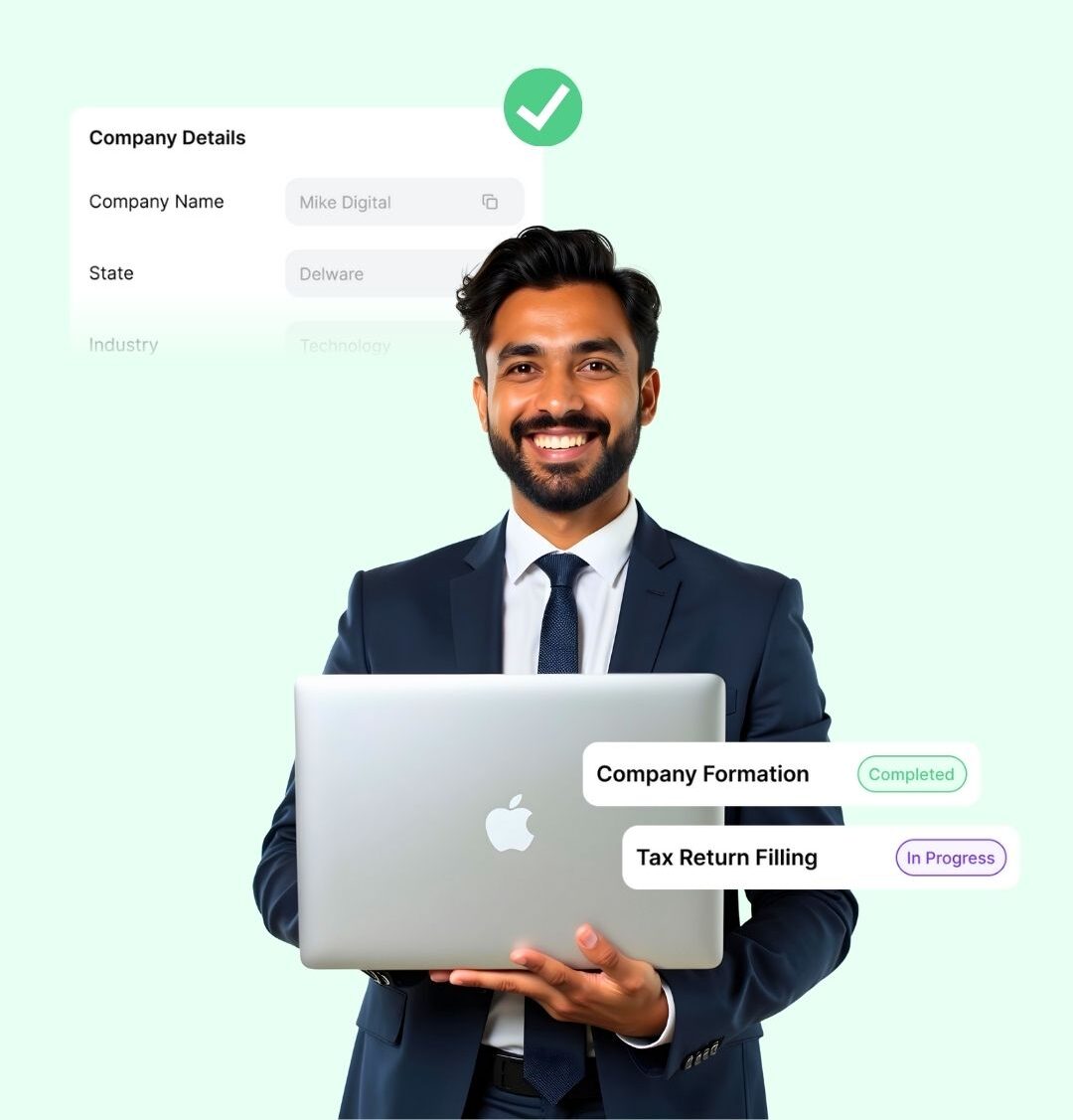 Professional businessman holding a laptop showing company formation and tax return filing status on a digital business dashboard