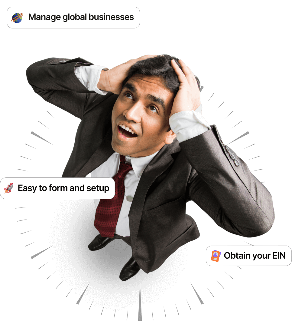 Businessman looking overwhelmed while managing global business formation, easy company setup, and obtaining an EIN