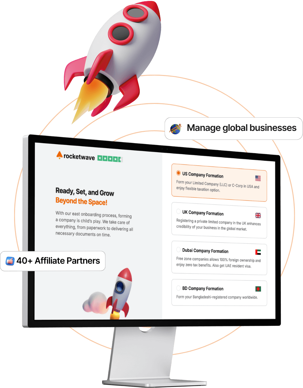 Global company formation dashboard showing US, UK, Dubai, and Bangladesh business registration with rocket launch illustration