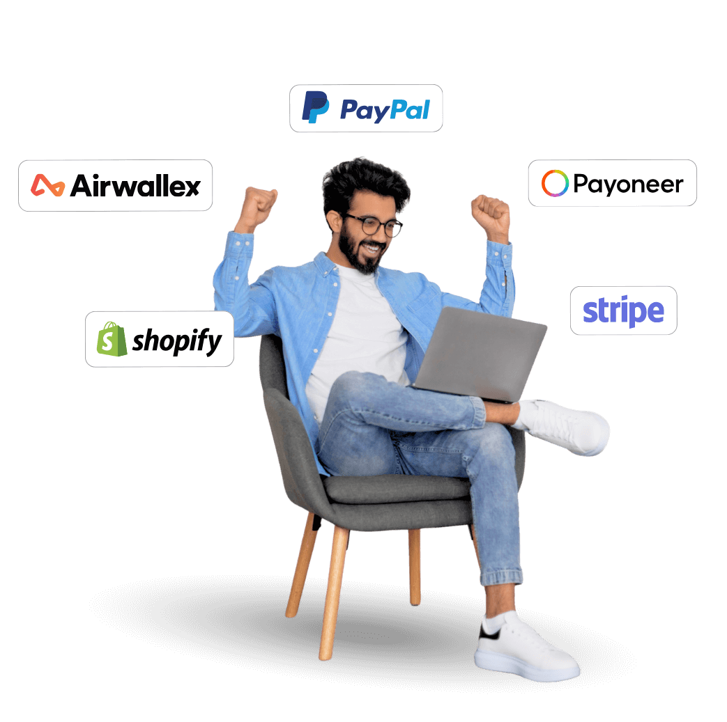 A happy entrepreneur sitting with a laptop surrounded by logos for PayPal, Stripe, Shopify, Airwallex, and Payoneer.