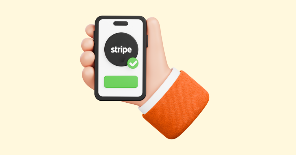 Mobile phone showing Stripe account approval with verification checkmark illustration.