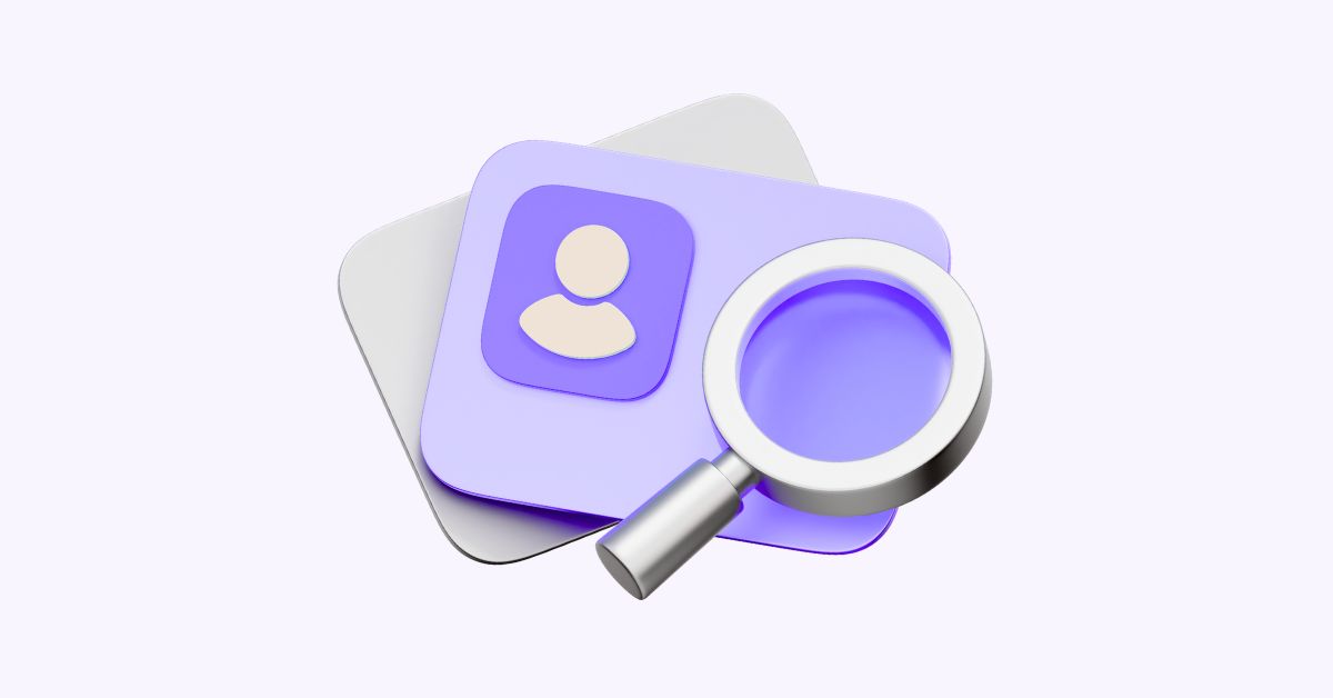 Magnifying glass over a user profile icon representing user search and verification.