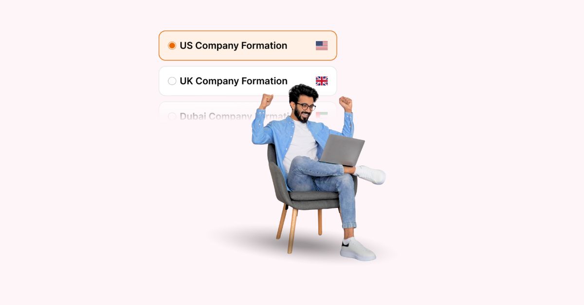 Entrepreneur celebrating successful US company formation on a laptop dashboard.