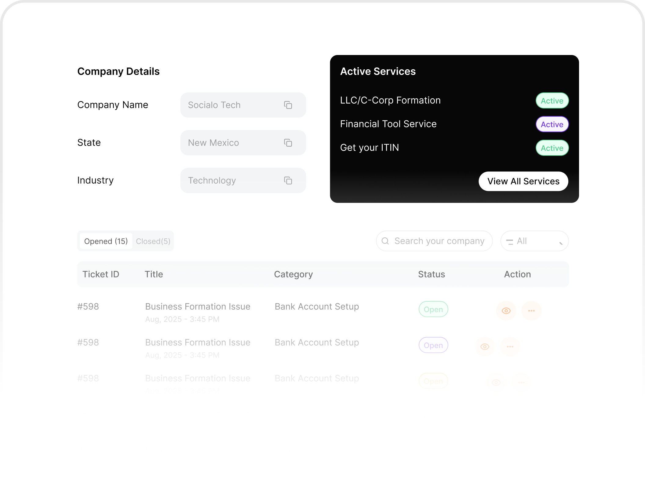 Company dashboard showing business details, active services, and support tickets.