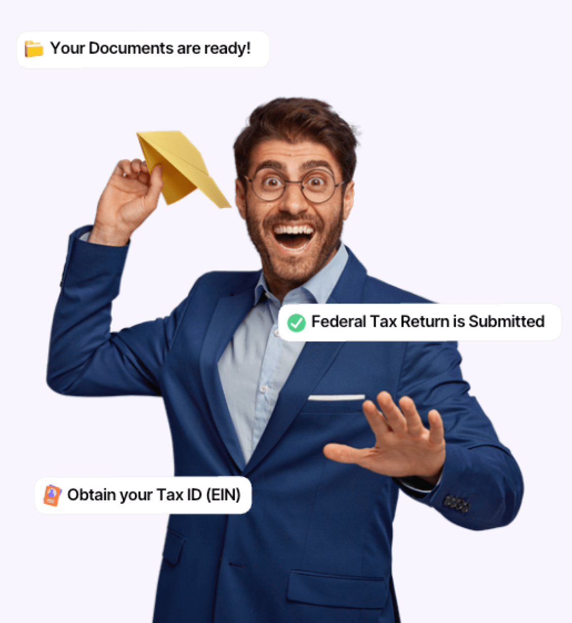 Happy businessman celebrating EIN approval and federal tax return submission with documents ready notification.