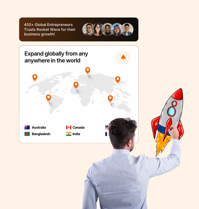 Entrepreneur viewing global expansion map with country markers and rocket illustration representing international business growth.