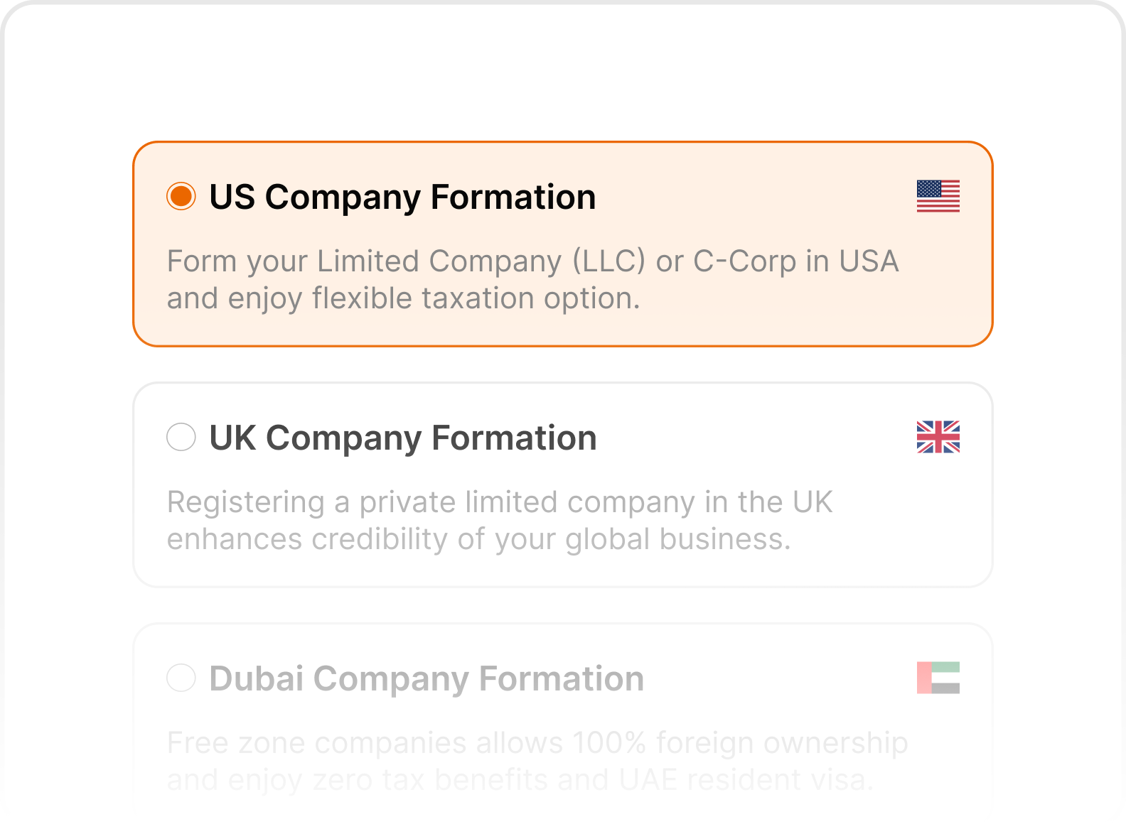 User interface showing US, UK, and Dubai company formation options with country selection.