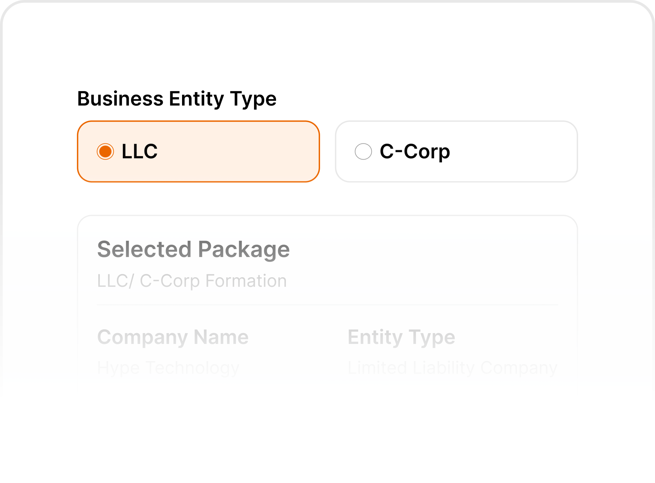 Business entity type selection interface showing LLC and C-Corp options.