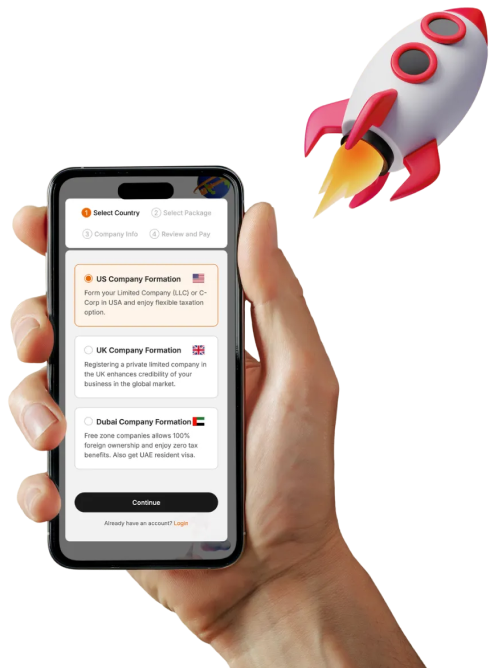 Mobile app screen showing company formation options with a rocket launch illustration.