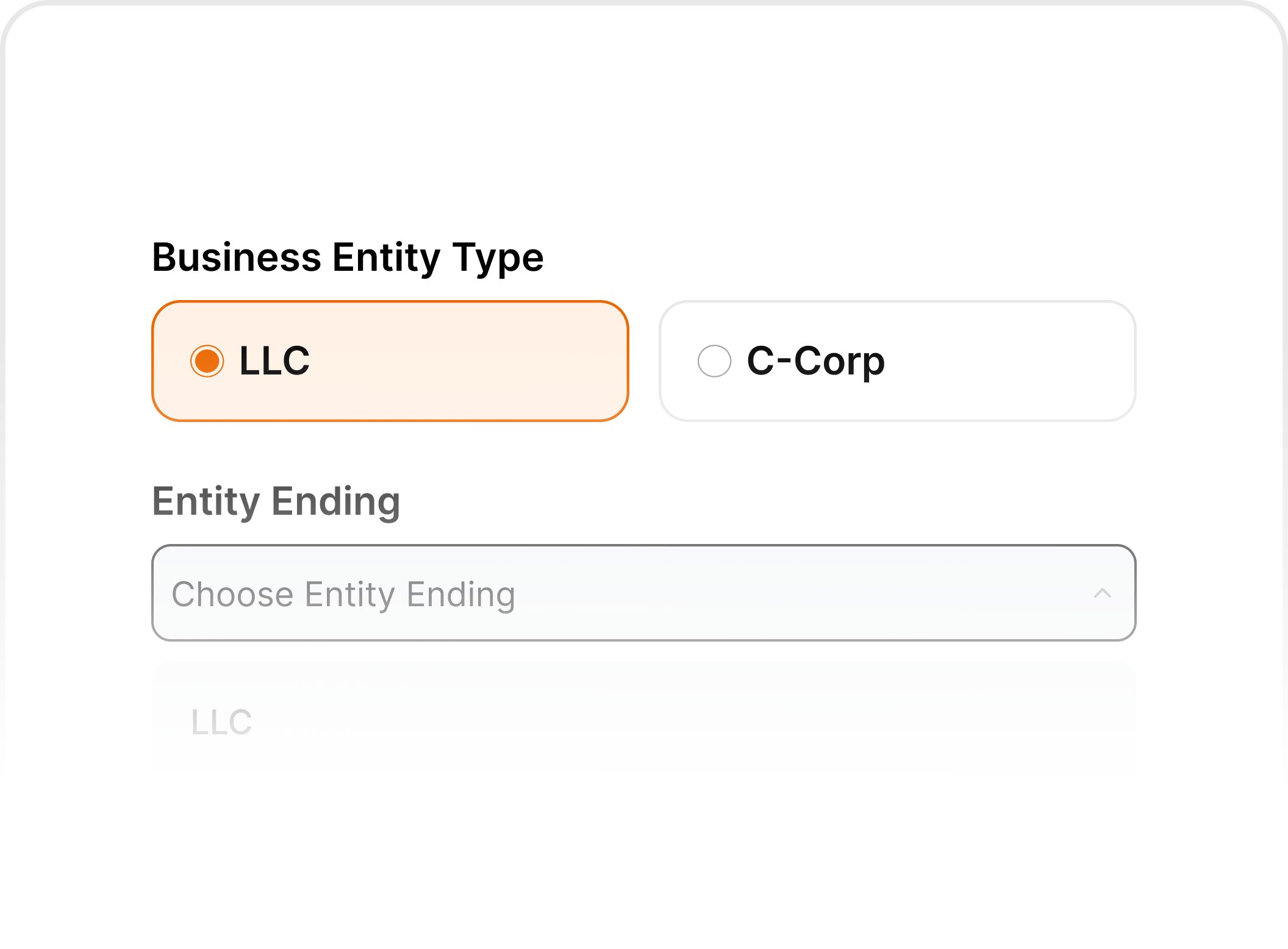 Interface showing business entity type selection with LLC or C-Corp option for company formation.