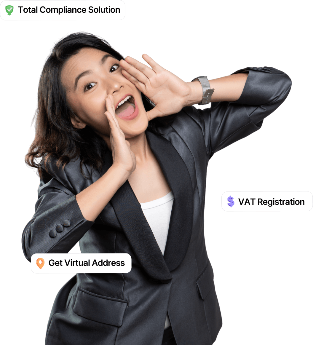 Entrepreneur promoting business compliance services including VAT registration and virtual business address.