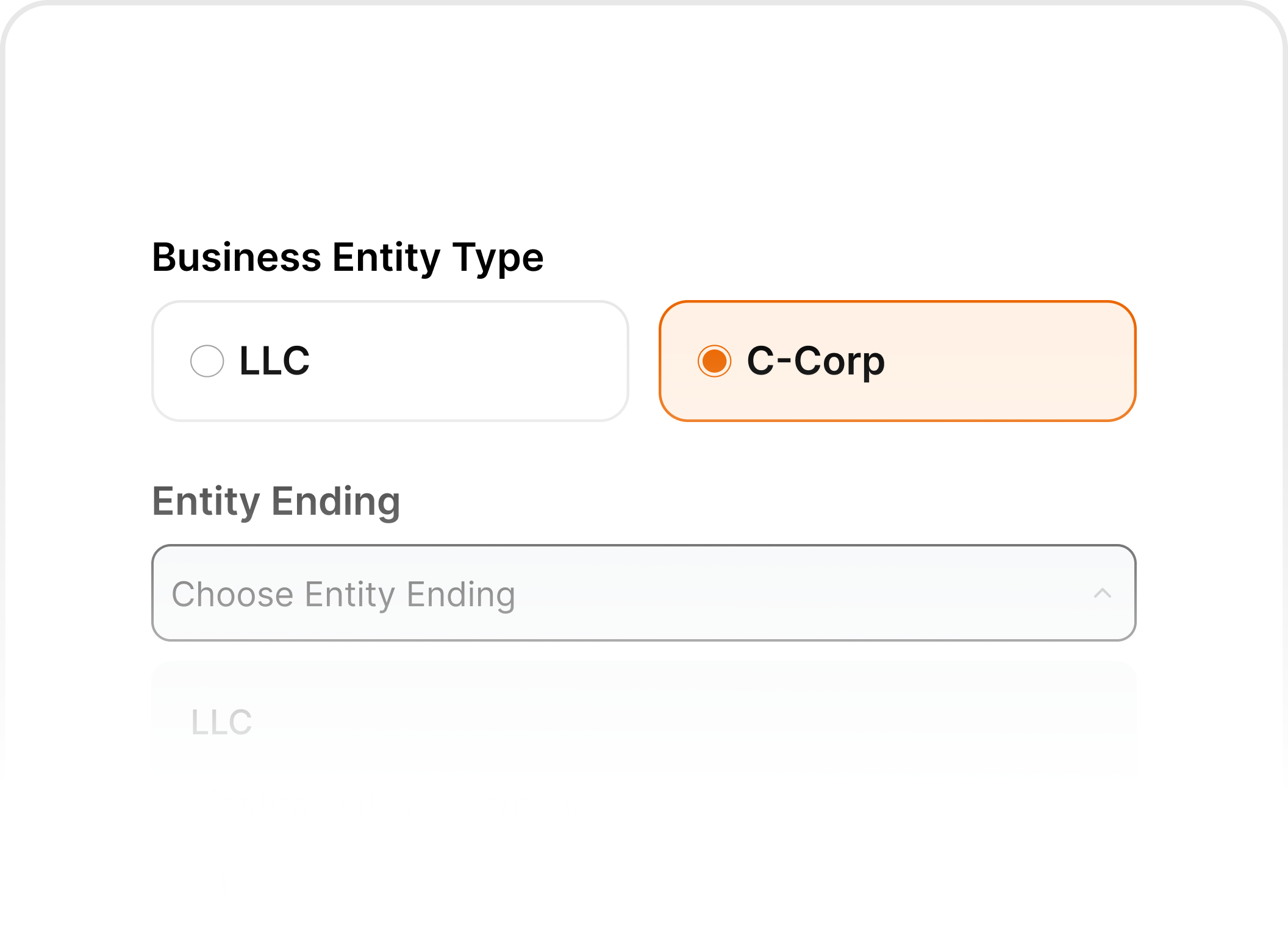 Business entity selection form showing LLC and C-Corp options for company registration.
