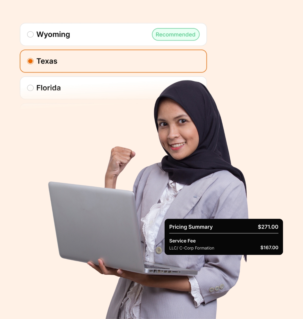 Entrepreneur choosing Texas for US LLC formation on laptop with pricing summary for business registration.