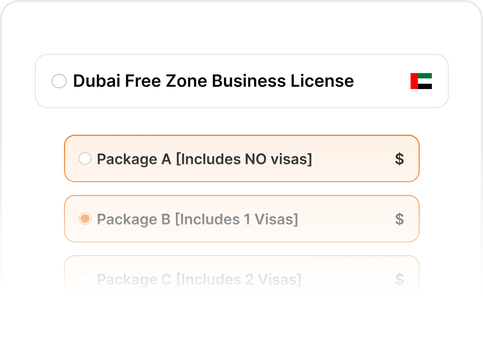 Dubai free zone business license packages showing options with or without visa for entrepreneurs.