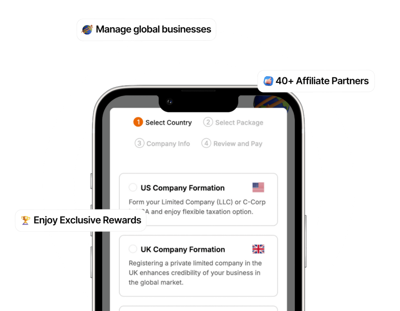 Mobile interface showing US and UK company formation options for managing global businesses.