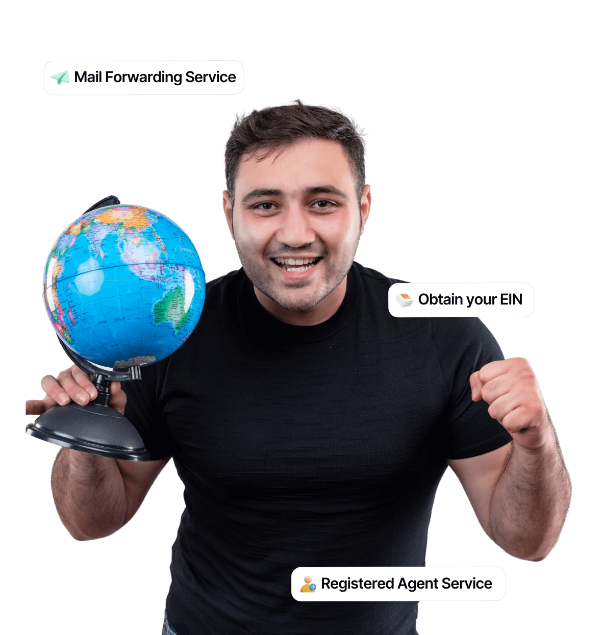 Entrepreneur holding globe representing global business services including EIN registration, mail forwarding, and registered agent service.