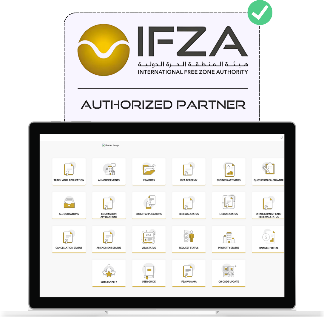 IFZA Authorized Partner logo above a laptop displaying the IFZA business management dashboard with various service icons.