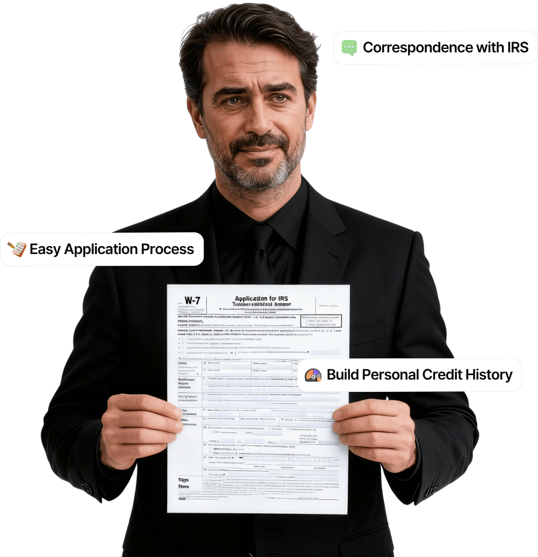 Man holding W-7 form for ITIN application highlighting easy process IRS correspondence and credit building benefits