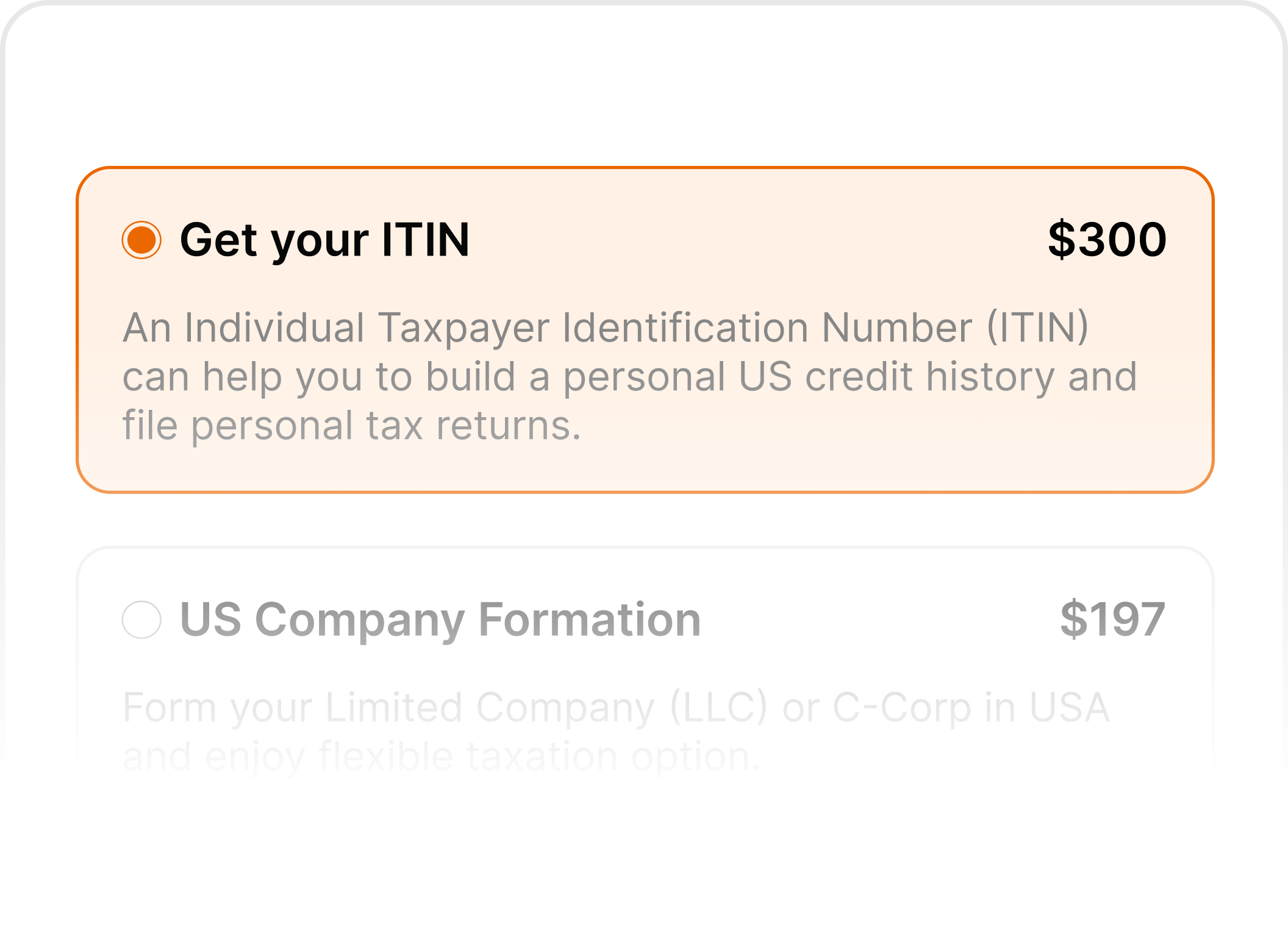 ITIN application option showing Individual Taxpayer Identification Number service for US tax filing and credit history.