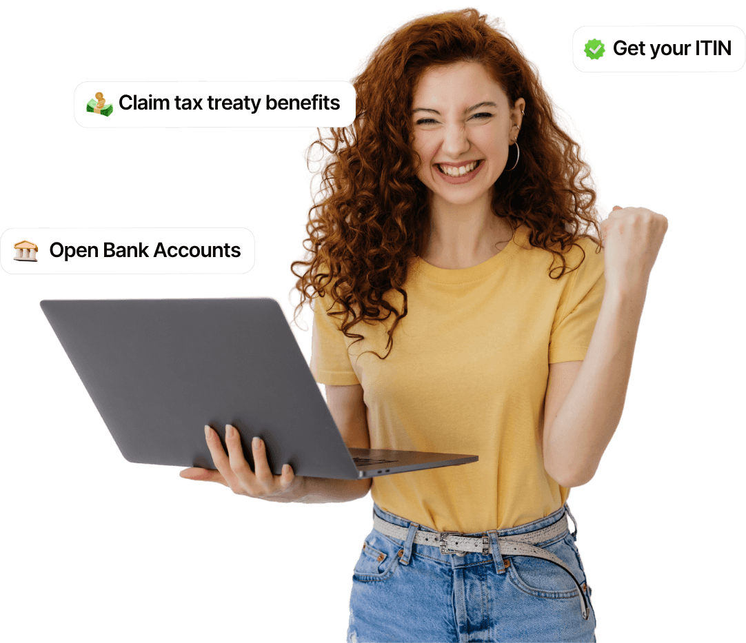 Woman holding laptop celebrating ITIN benefits including tax treaty claims and opening bank accounts