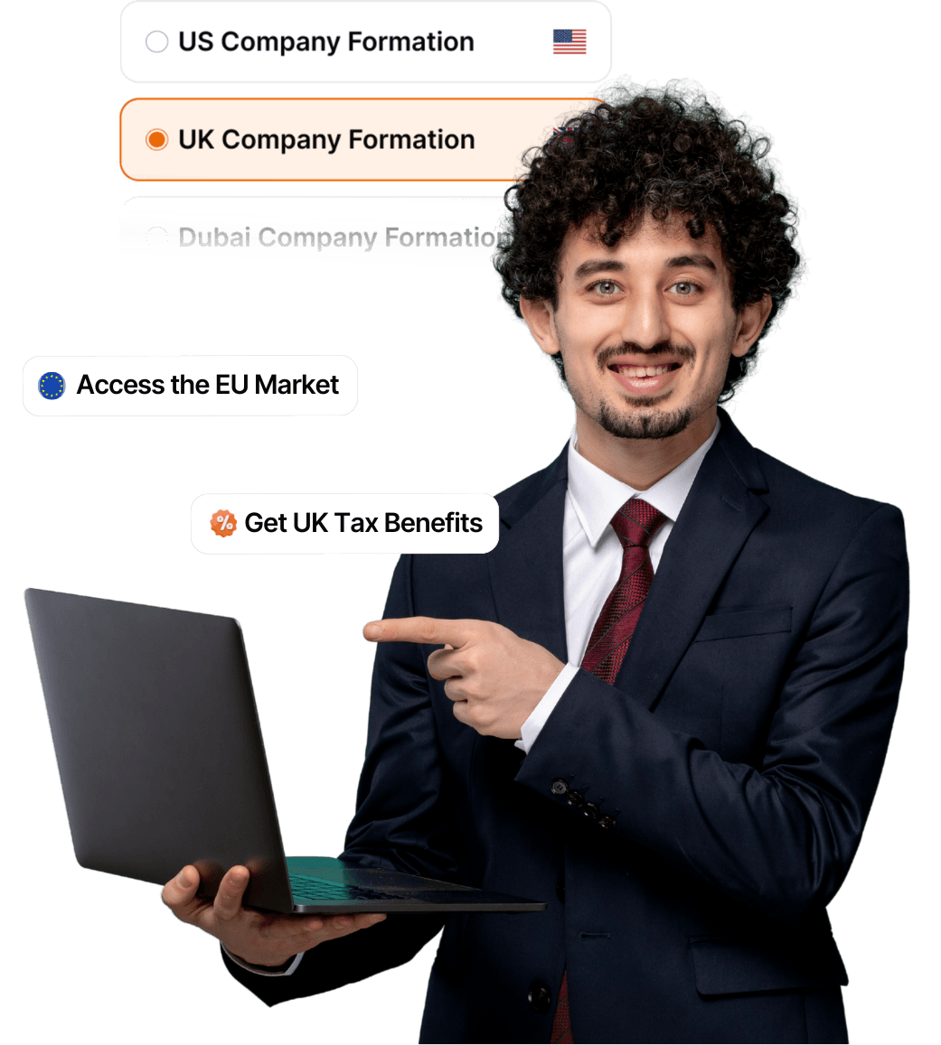 Entrepreneur selecting UK company formation with benefits like EU market access and UK tax advantages.