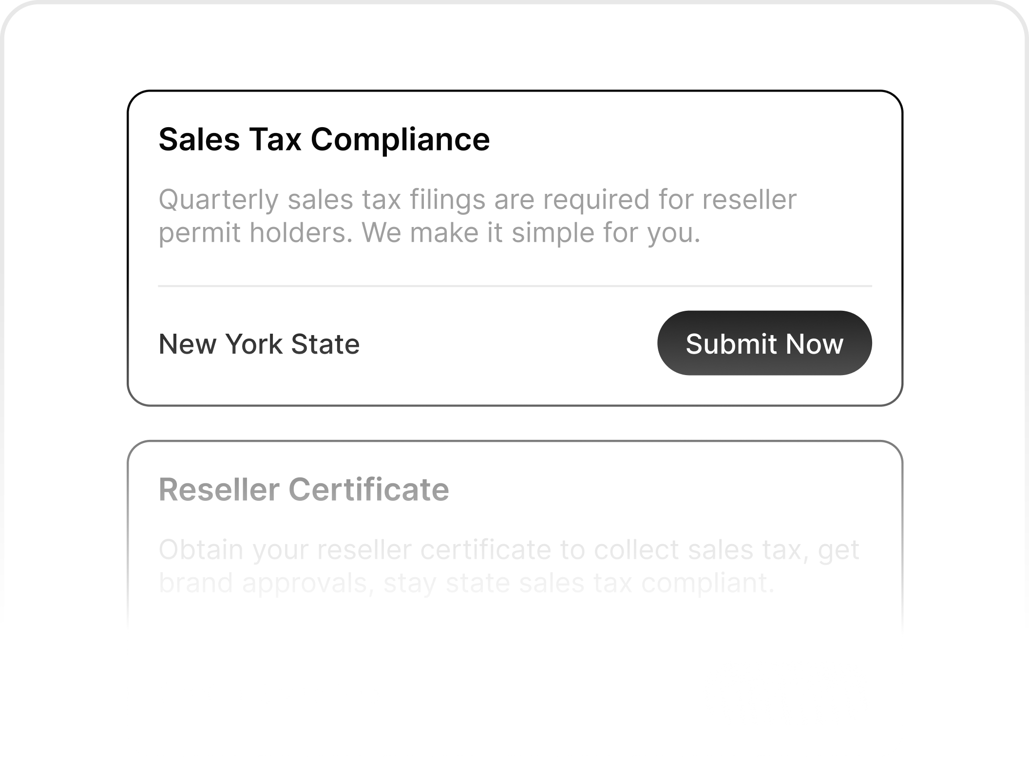 Sales tax compliance dashboard showing quarterly filing requirement for reseller permit holders in New York State with submit button.