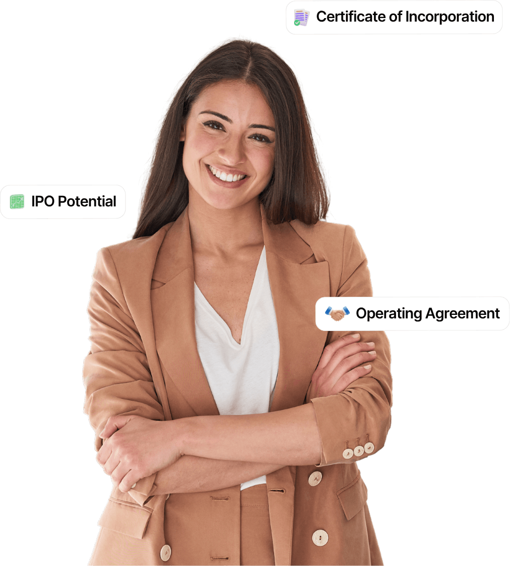 Business professional highlighting certificate of incorporation, operating agreement, and IPO potential for company formation.