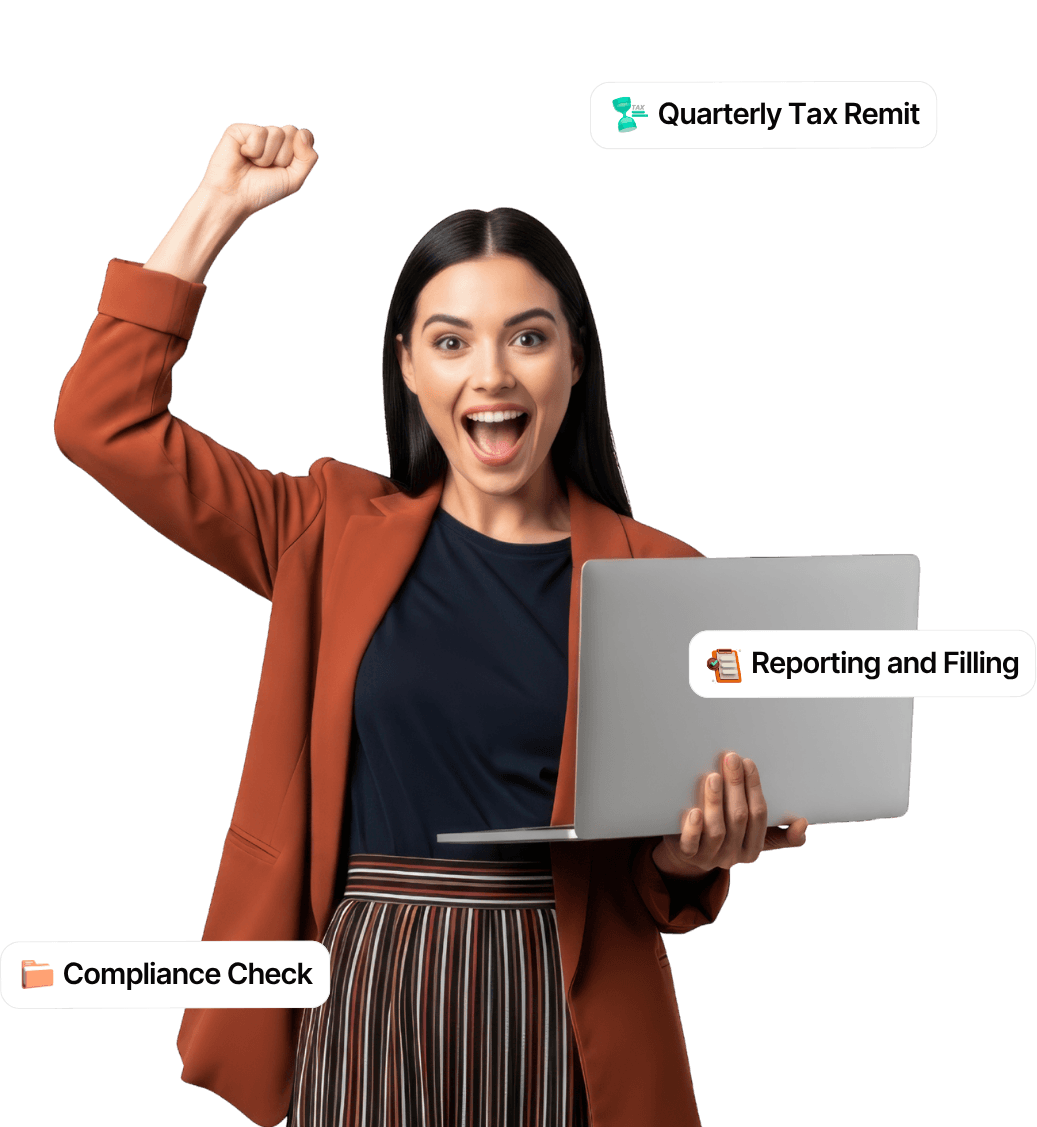 Business professional celebrating while using a laptop for tax compliance, quarterly tax remittance, reporting and filing, and compliance check.