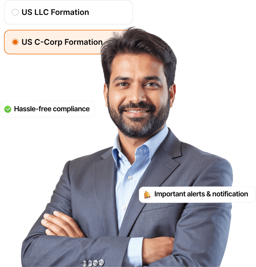 Business professional promoting US C-Corp formation with hassle-free compliance and important alerts notification features.