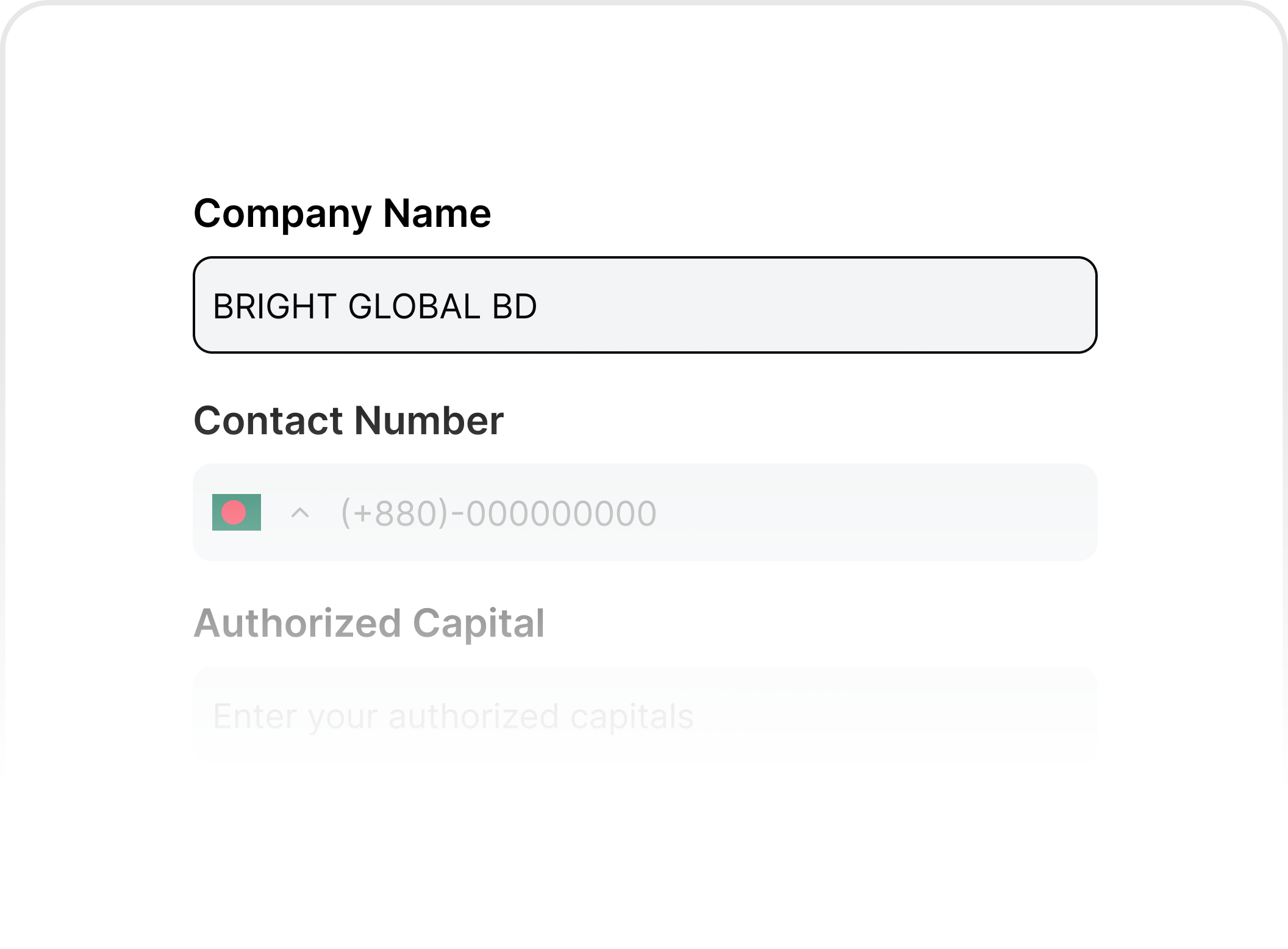 Bangladesh company registration form with company name, contact number, and authorized capital fields