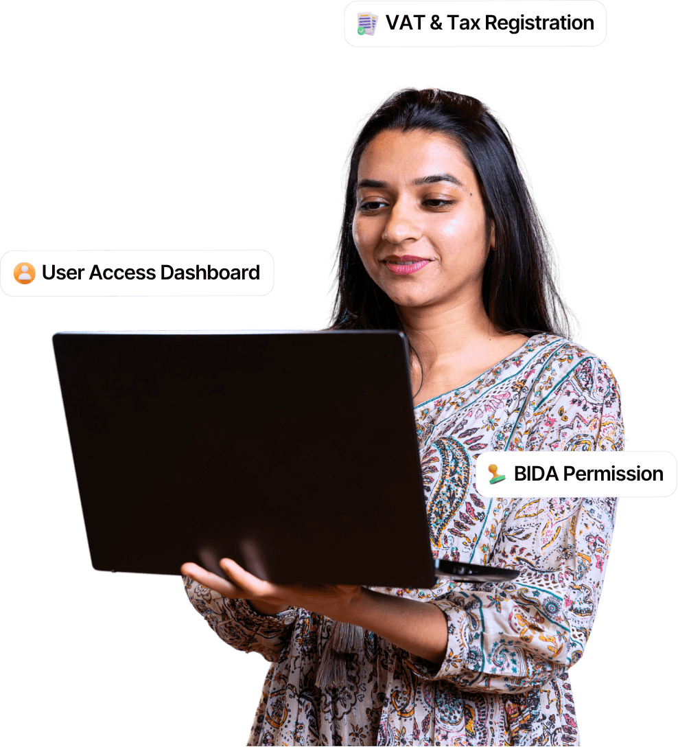 A businesswoman in a floral tunic holding a laptop, surrounded by floating interface buttons for "VAT & Tax Registration," "User Access Dashboard," and "BIDA Permission."