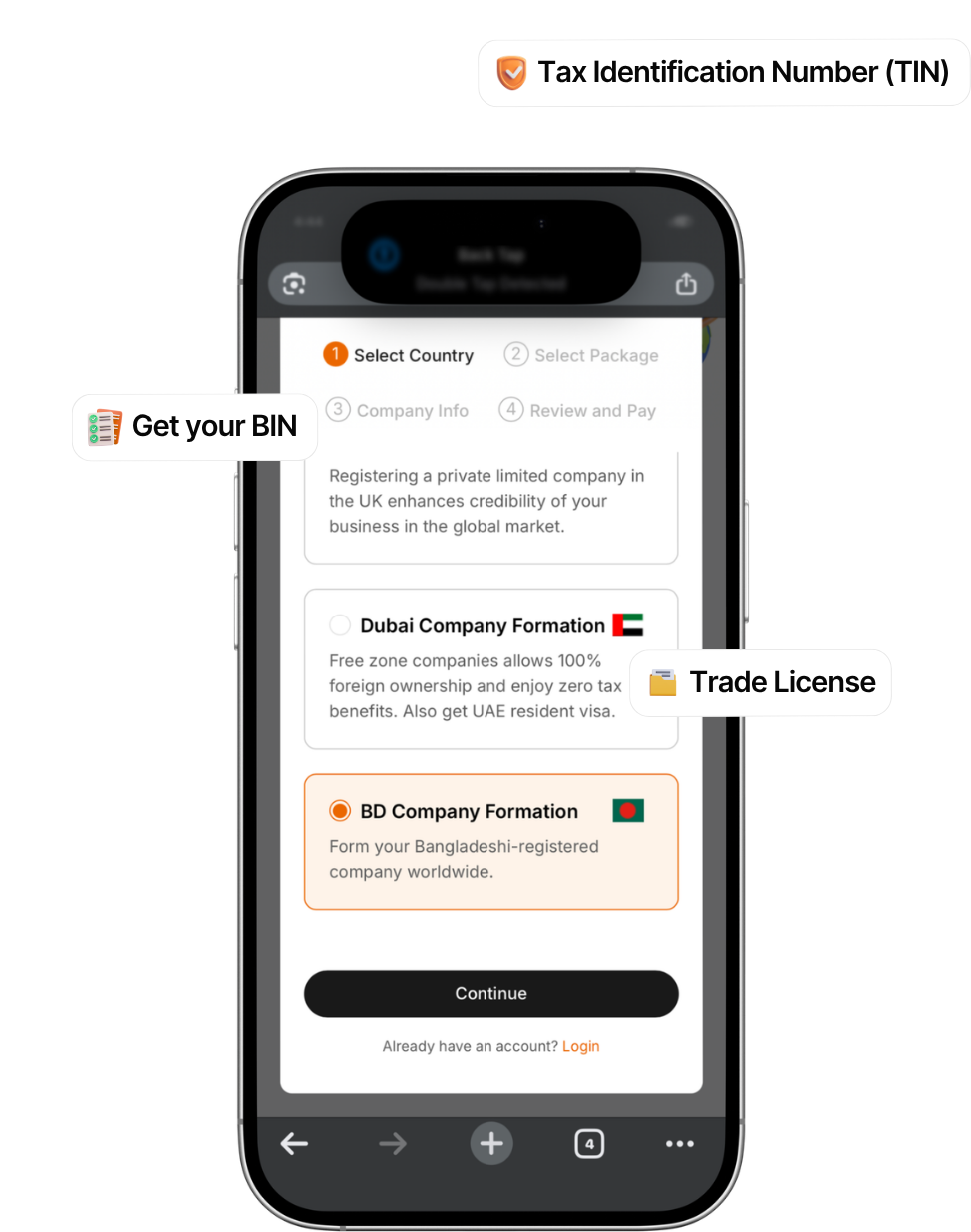 A smartphone displaying a step-by-step company formation interface with options for Dubai and Bangladesh registration, accompanied by floating labels for TIN, BIN, and Trade License.