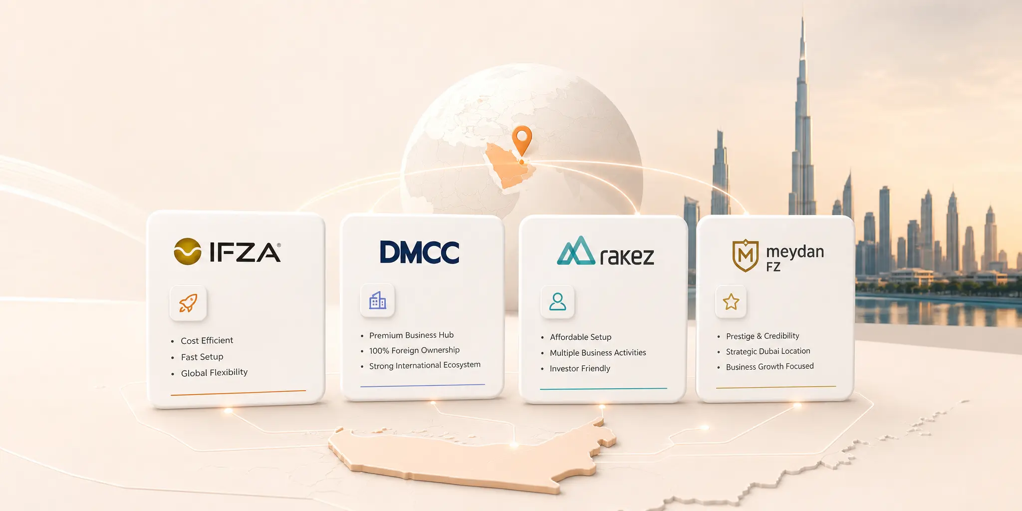 Comparison of IFZA, DMCC, RAKEZ, and Meydan free zones for global founders in 2026
