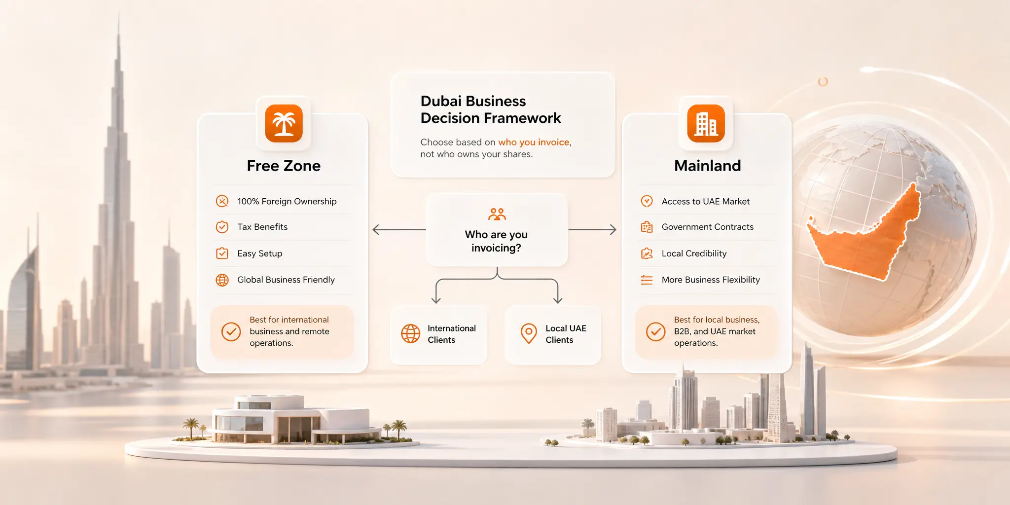 Dubai Free Zone vs Mainland: Which Should Global Founders Choose in 2026? 1 Dubai free zone vs mainland decision framework for global founders 2026